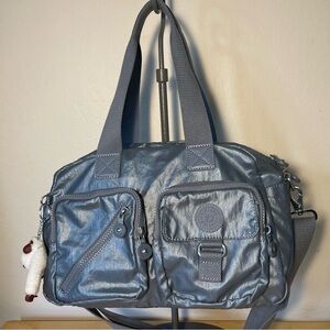 Kipling Silver Metallic Nylon Small Weekender Duffel Travel Tote Bag